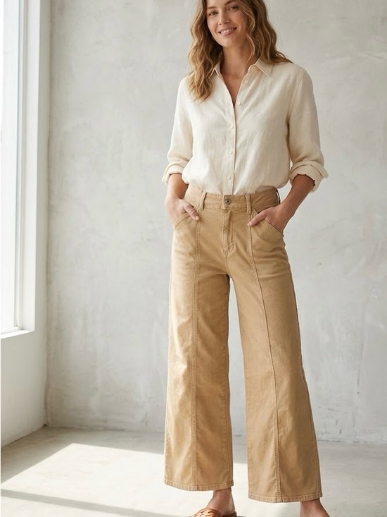 Anthropologie Denim - Maeve by Anthropologie Wide Leg Crop Seamed Pants Khaki Tan Size 29
